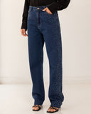 STRASS STRAIGHT DENIM PANTS-DARK BLUE