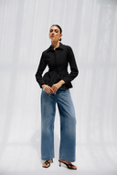 WAIST-FIT LINEN SHIRT -BLACK