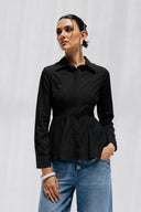 WAIST-FIT LINEN SHIRT -BLACK