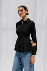 WAIST-FIT LINEN SHIRT -BLACK