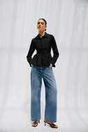 WAIST-FIT LINEN SHIRT -BLACK