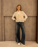 WIDE LEG DISTRESSED PANTS -DARK BLUE