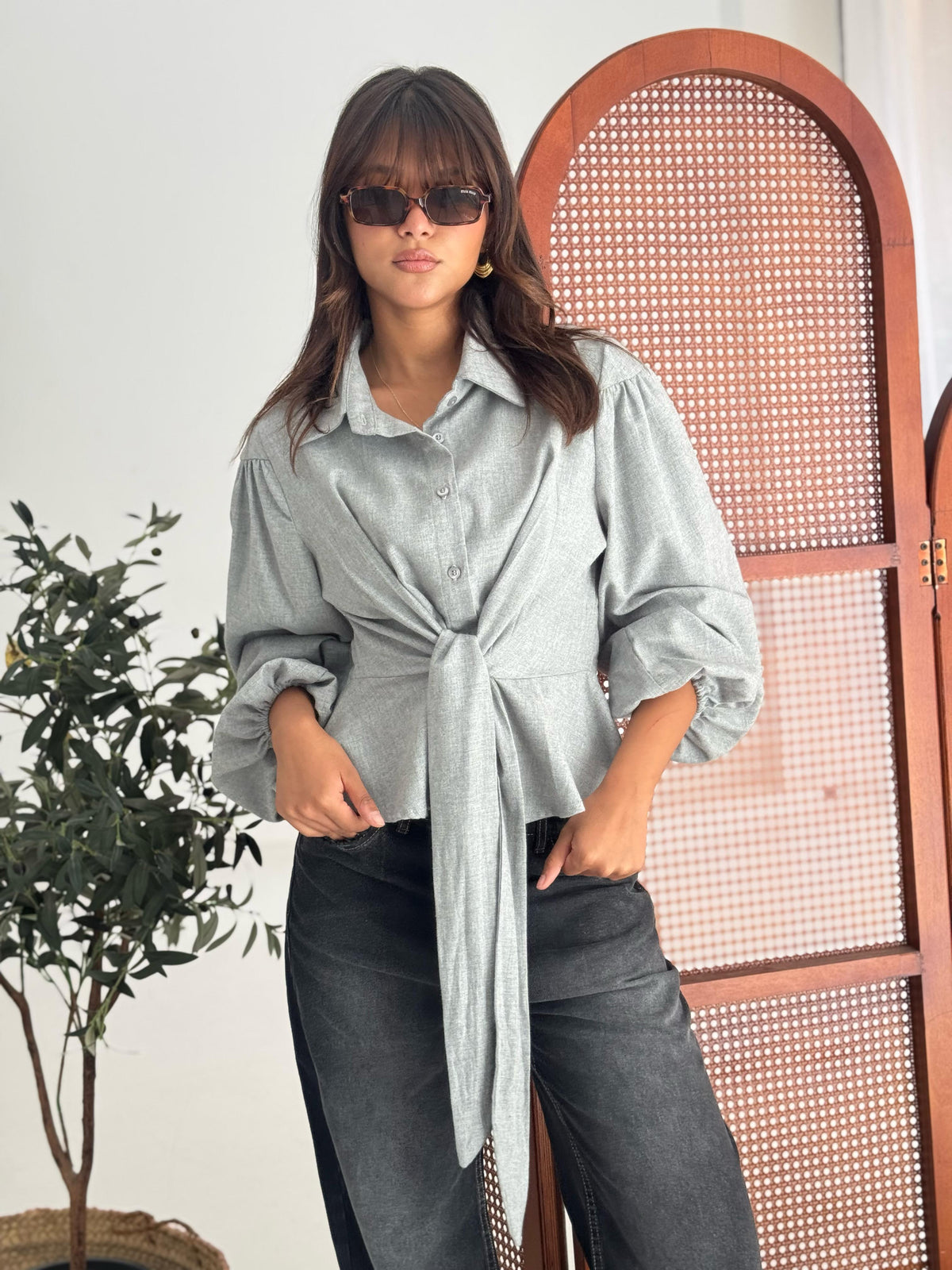 Puffy Sleeves Blouse-gray
