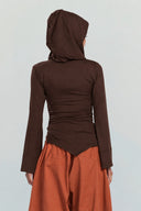 RUCHED HOODED TOP -BROWN