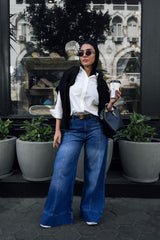 DENIM EFFECT WIDE LEG TROUSERS -BLUE