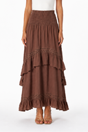 LINEN LACE TIERED SKIRT BROWN