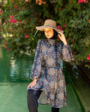 long wrapped nylon printed top-BLUE BLACK