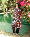 long wrapped nylon printed top-BLACK