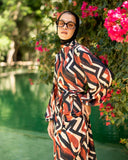 long wrapped nylon printed top-BLACK