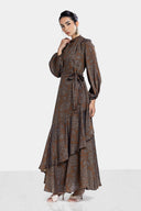 VINTAGE RUFFLE DRESS -BROWN