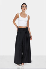 WITH BELT WIDE LEG PANTS -Black