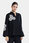 FLOWERED LINEN BLOUSE -Black