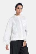 LINEN BLEND GUIPURE BLOUSE -OFFWHITE