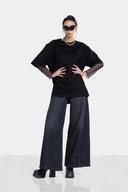 WASHED WIDE LEG DENIM PANTS -Black