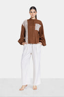 LINEN BLEND GUIPURE BLOUSE -BROWN