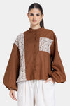 LINEN BLEND GUIPURE BLOUSE -BROWN