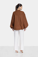 LINEN BLEND GUIPURE BLOUSE -BROWN