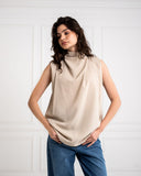 sleeveless drapped top-BEIGE