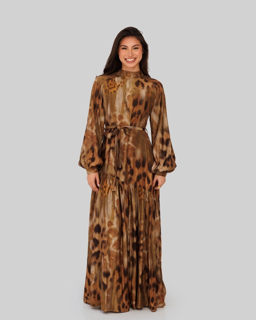 long sleeve tiger print dress tiger print dress-BROWN – Pistage